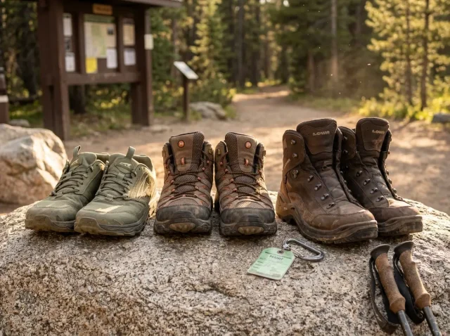 boot-height-comparison-three-pairs-on-rock Three hiking boot heights lined up on a rock showing ankle high mid cut and low cut options