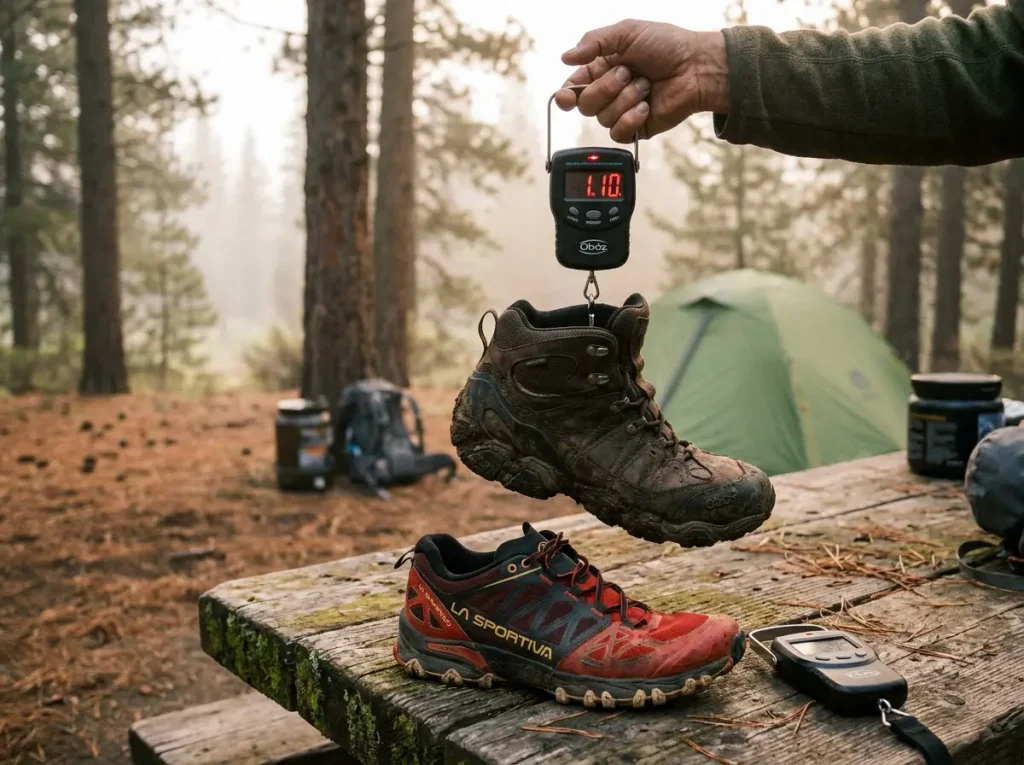Side by side comparison of lightweight trail runner and heavier mid cut hiking boot on a scale