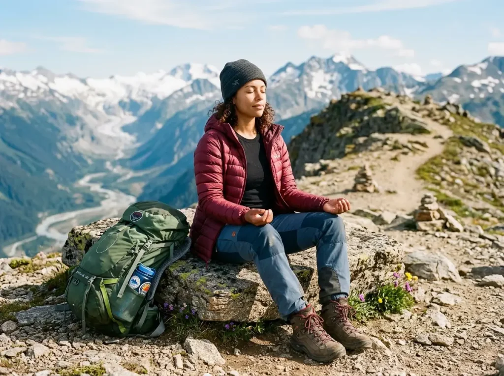 Hiker sitting on rock practicing breathing technique on mountain