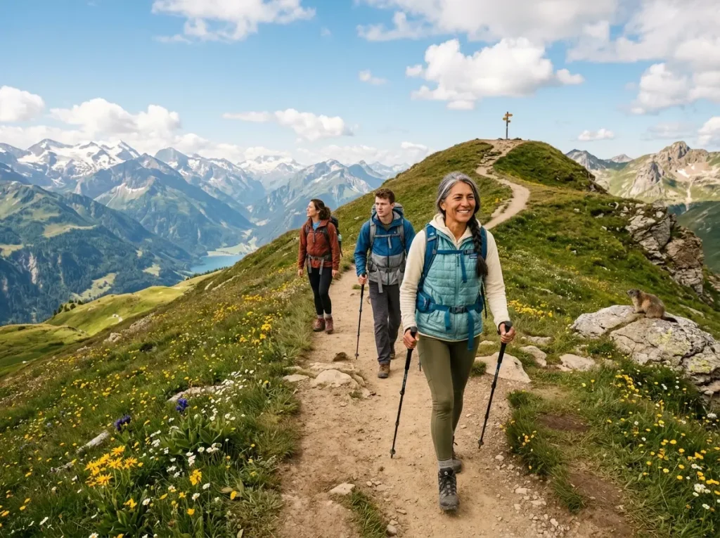 Group of hikers on wide exposed mountain trail with alpine views