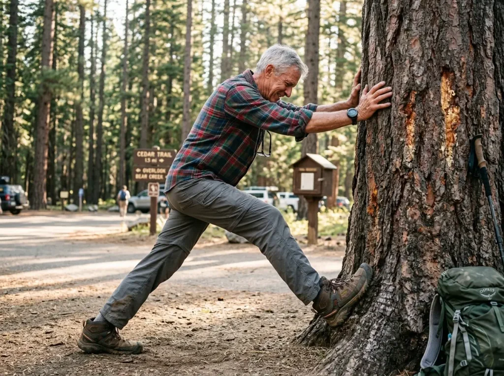 Hiker stretching calf against tree trunk before trail in high-drop hiking boots