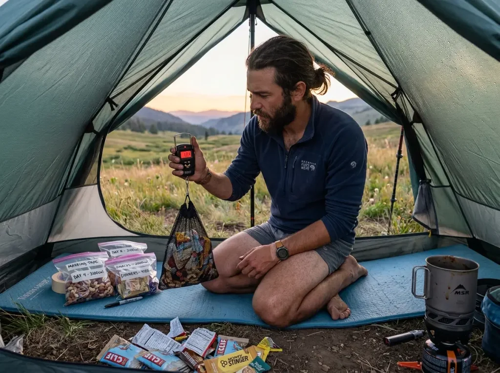 Backpacker weighing trail food on a small scale at camp during meal planning