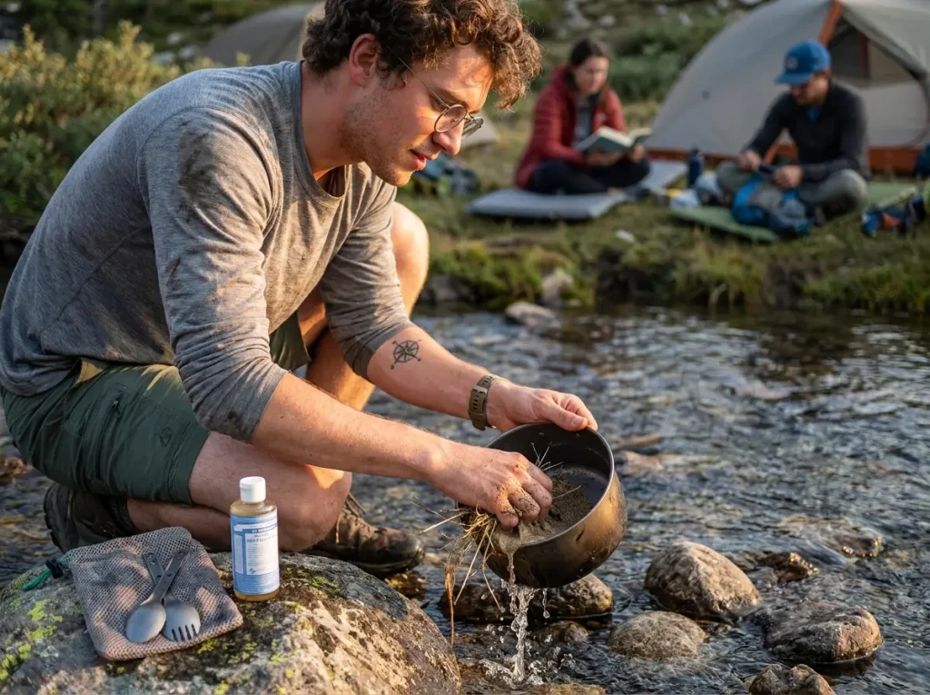 Hiker on cleanup duty scrubbing a pot with leaves while others rest nearby