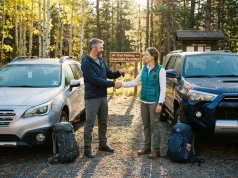 Why Most Hikers Waste Hours on Car Shuttles Two hikers exchanging car keys at a mountain trailhead parking lot