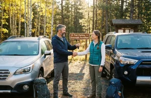 Why Most Hikers Waste Hours on Car Shuttles Two hikers exchanging car keys at a mountain trailhead parking lot