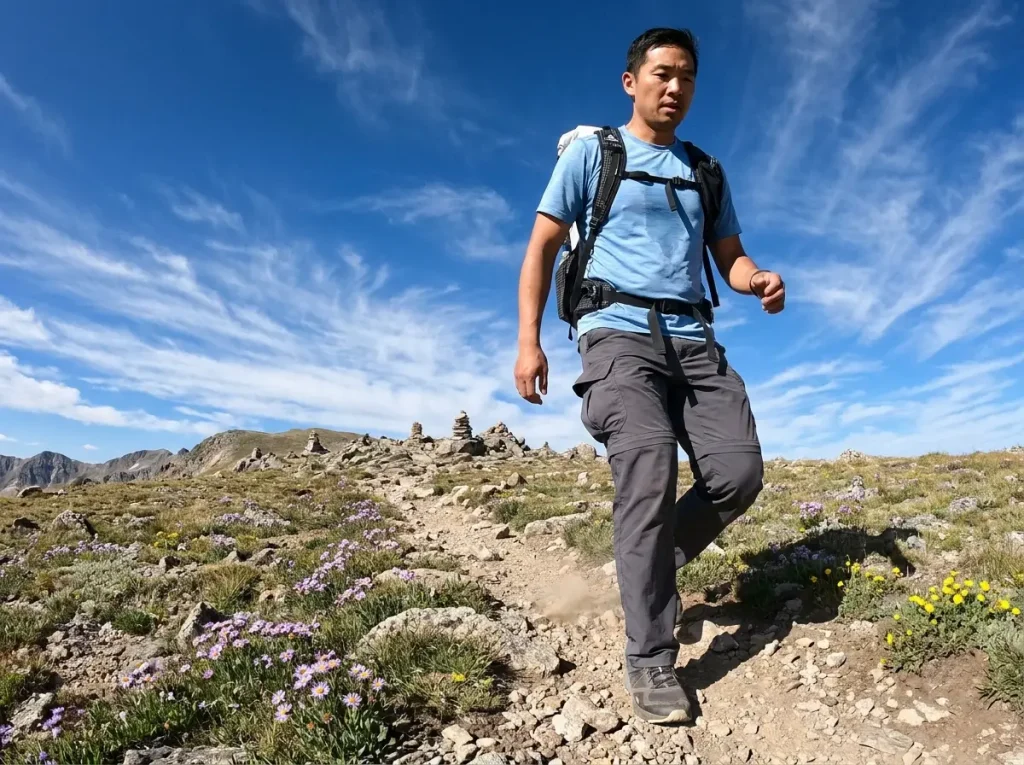 Hiker walking fast showing loaded thigh pocket shifting against the leg