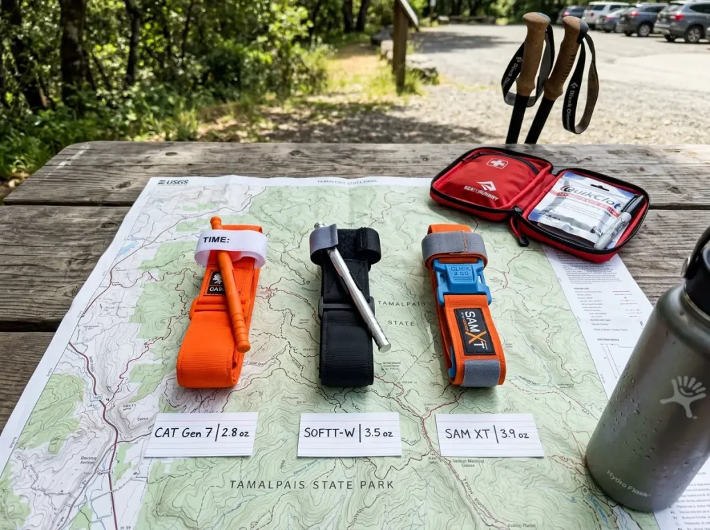 Three hiking tourniquets laid out on a trail map next to a lightweight first aid kit
