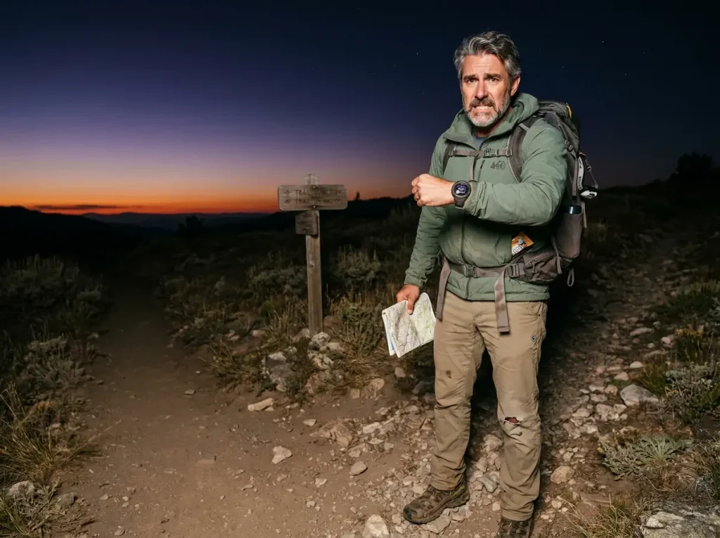 Hiker caught on trail after dark checking watch at sunset transition