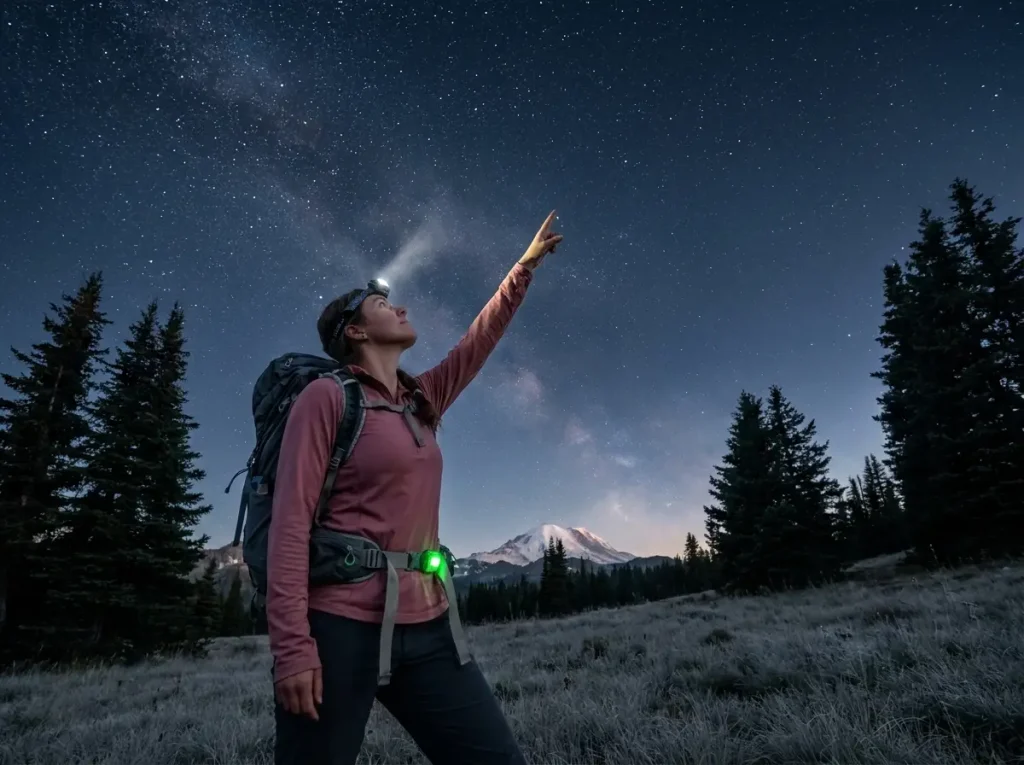 Night sky over mountain trail showing Big Dipper pointing to North Star Polaris