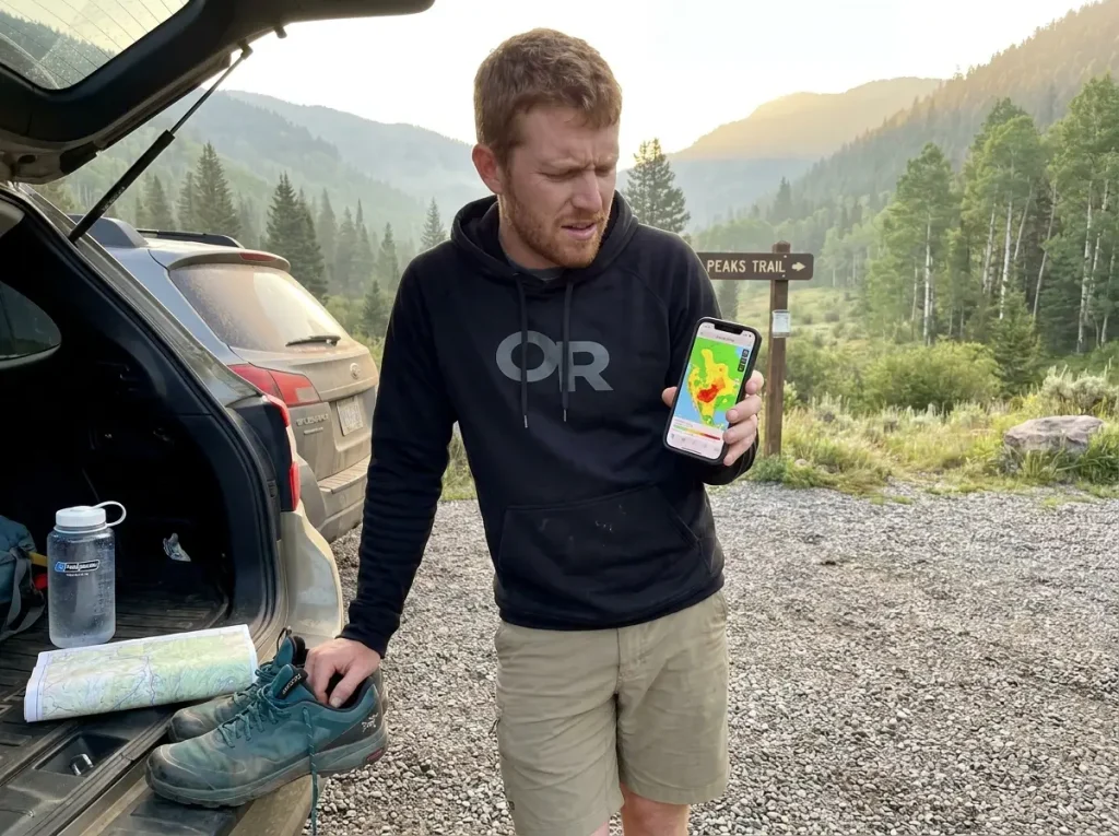 Hiker checking air quality app on smartphone at trailhead parking lot