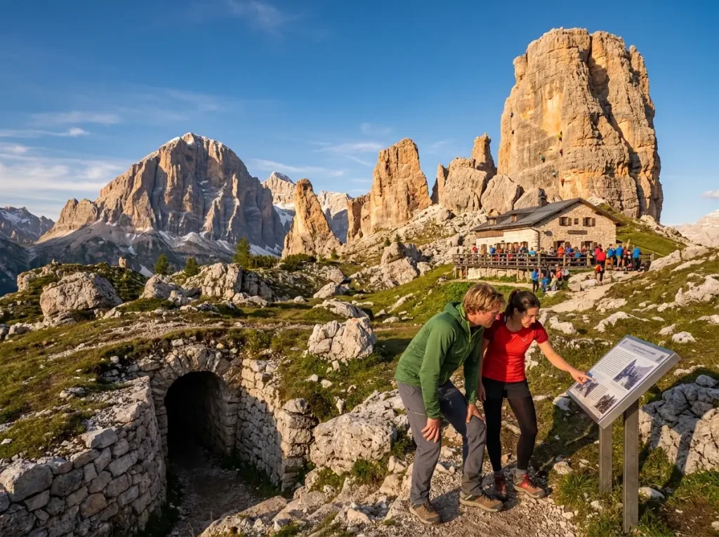 Cinque Torri rock towers with rifugio terrace and hikers in Dolomites