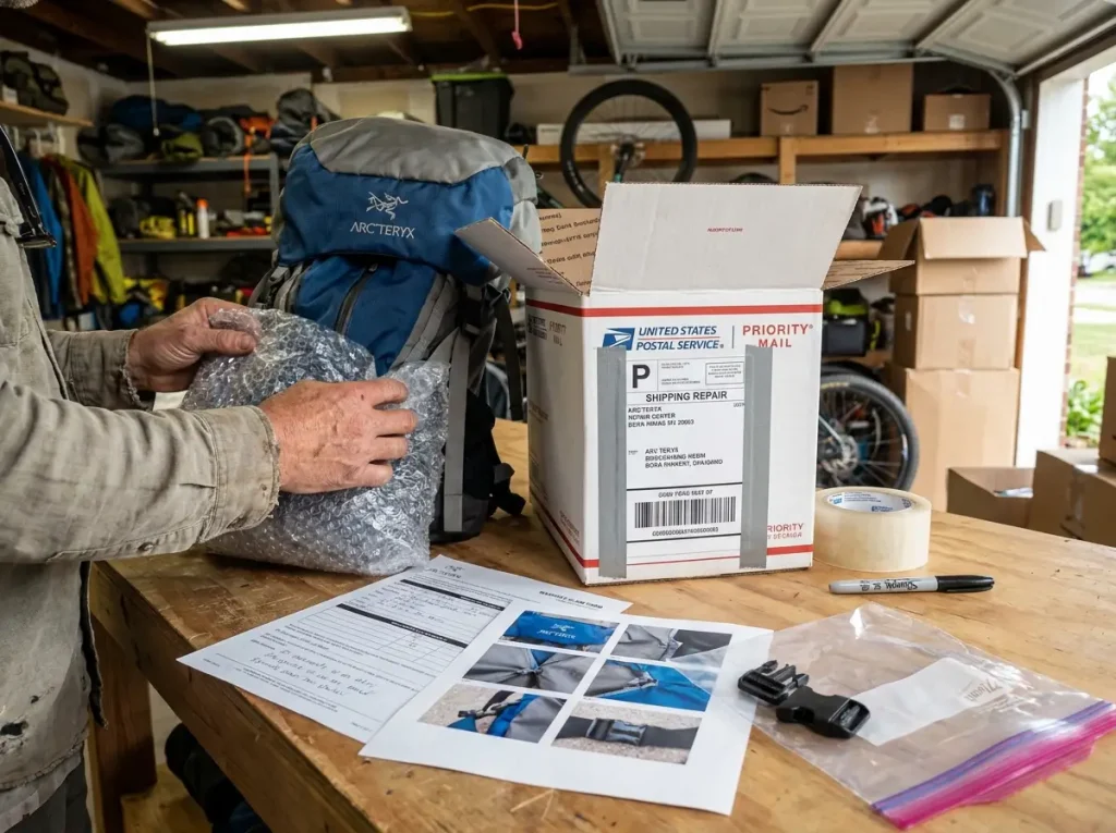 Clean backpack packed for warranty return with shipping label attached