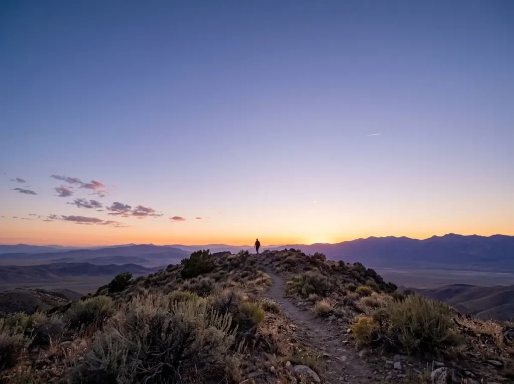 Wide desert sky at sunset showing clear conditions ideal for cowboy camping