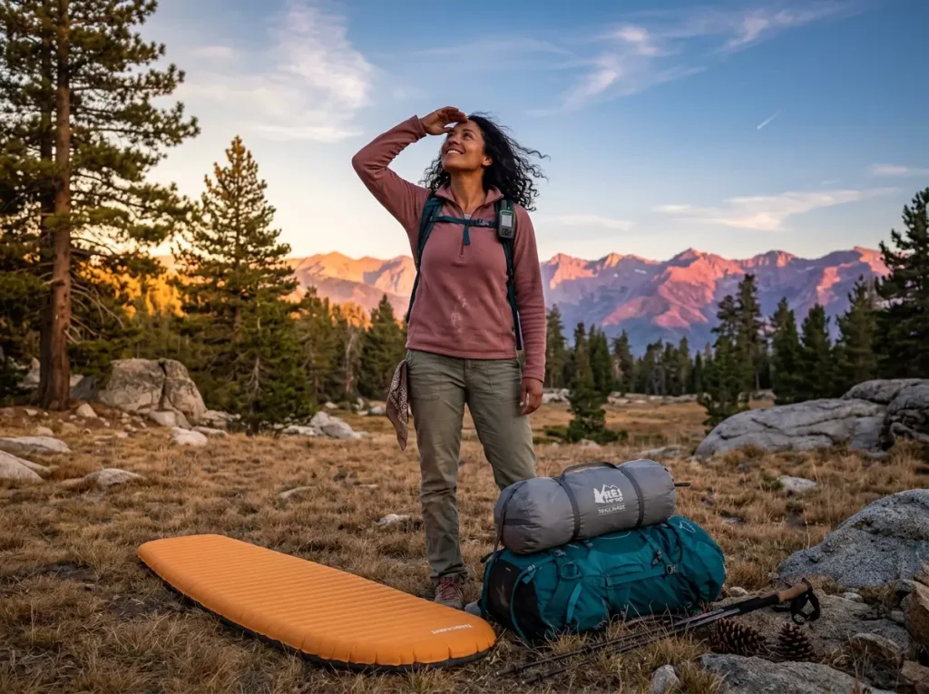 Hiker looking up at clear sky with sleeping pad unrolled deciding whether to set up tent