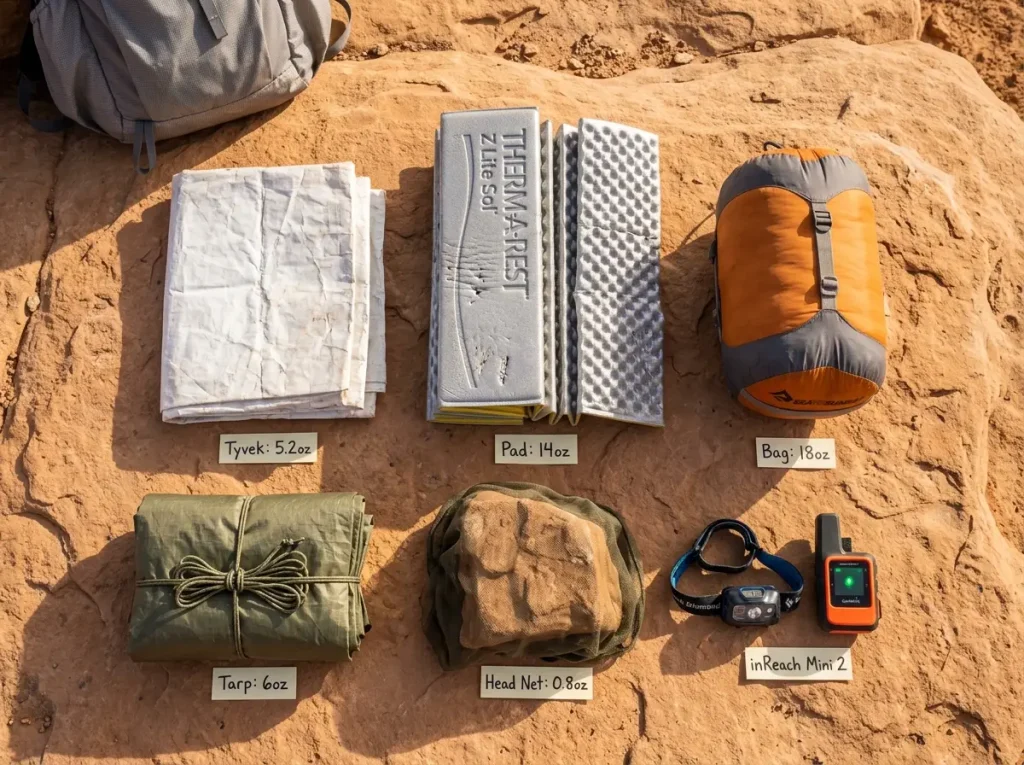 Minimal cowboy camping gear laid out showing groundsheet pad sleeping bag and head net