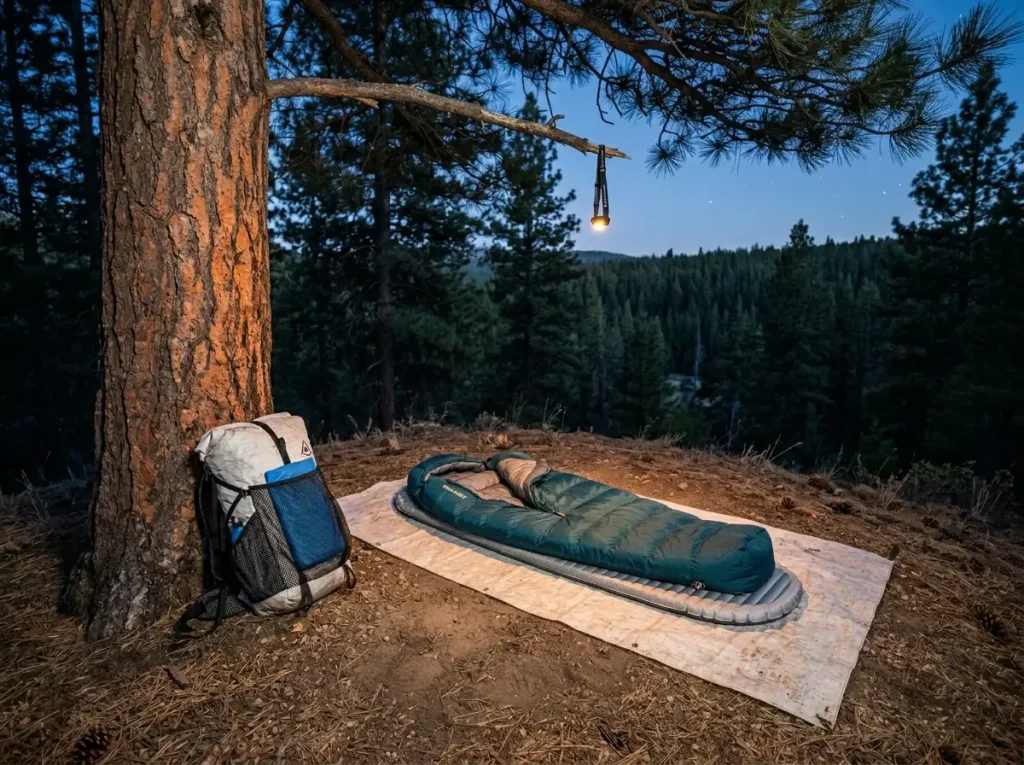 Ideal cowboy camping spot under a single pine tree on slightly elevated dry ground