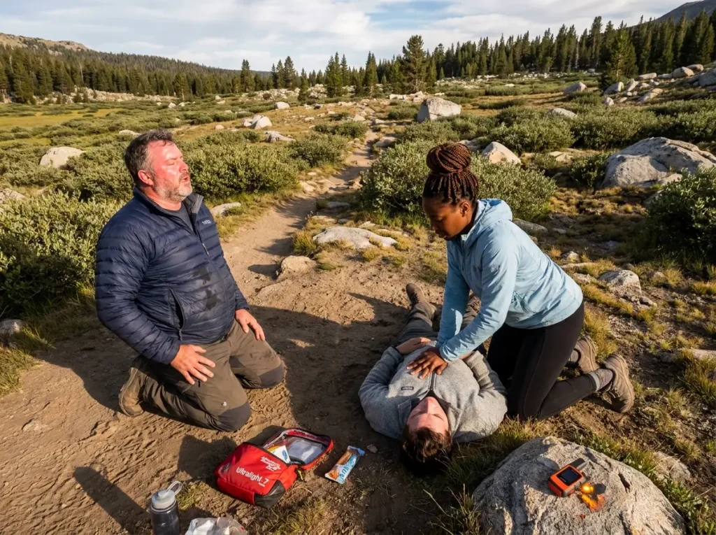 Two hikers switching CPR compressor positions on a remote trail
