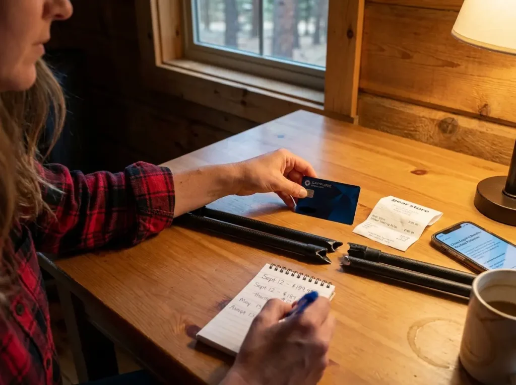 Credit card and hiking gear receipt on a camp table next to damaged trekking pole