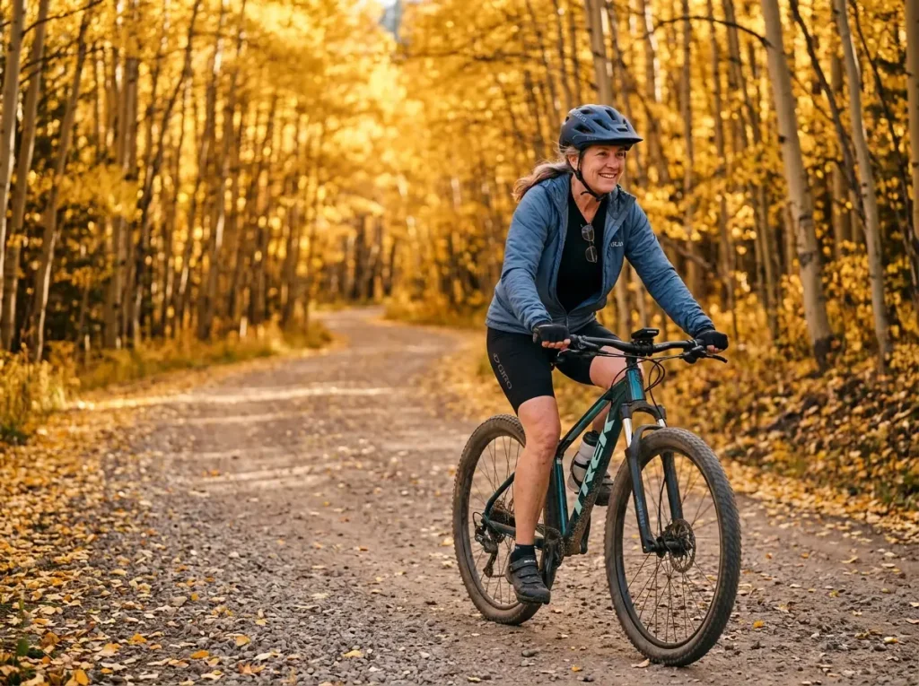 Older hiker cycling on a mountain bike through autumn forest as cross-training for hiking
