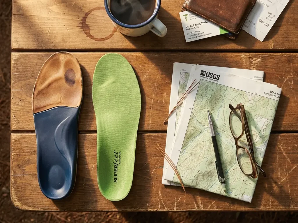 Custom molded orthotic and OTC insole placed side by side on a trail map