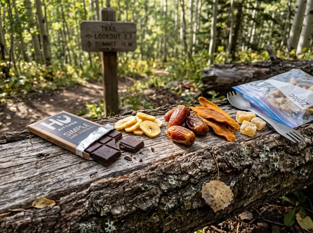 Dark chocolate bar and dried banana chips arranged on a trail log in mountain setting