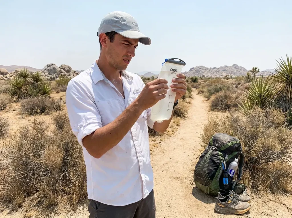 Thru-hiker checking hydration bladder volume on a hot desert trail