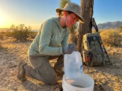 After 3 Desert Thru Hikes Here’s My Cache Plan Hiker filling water bottles from a hidden desert cache at sunrise