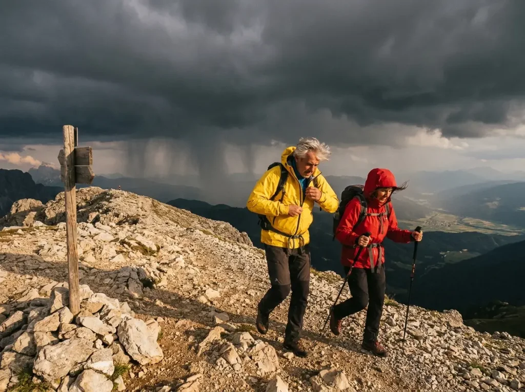 Dark cumulonimbus clouds building over Dolomites peaks with lightning risk