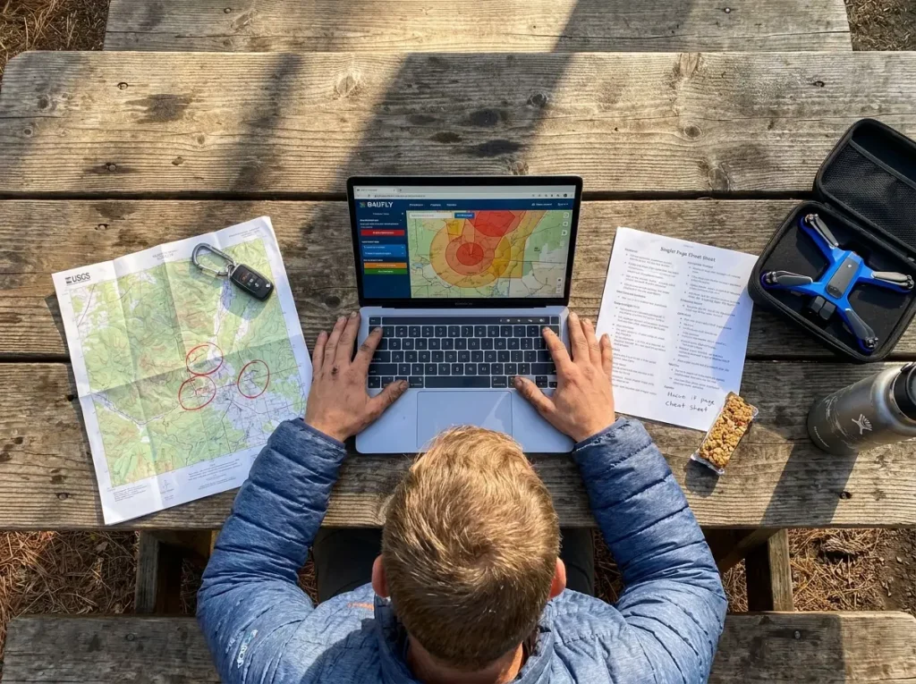 Hiker planning drone flight on laptop with B4UFLY app and maps at camp table