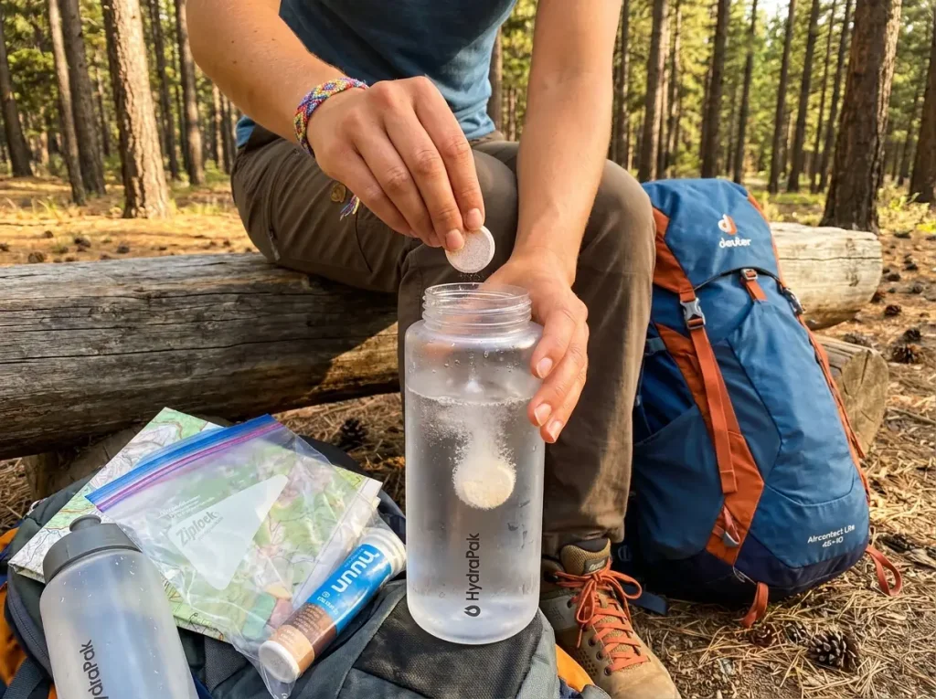 Hiker dropping electrolyte tablet into water bottle on a mountain trail