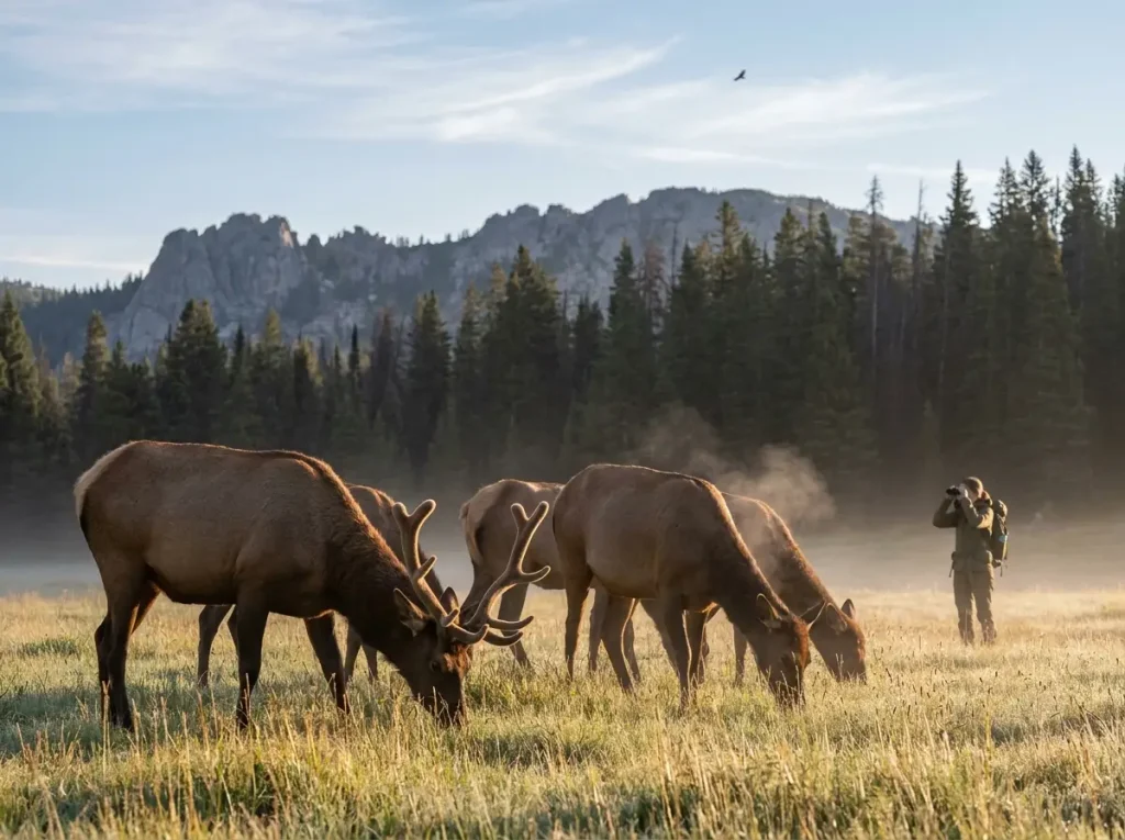 Elk herd grazing undisturbed in a mountain meadow with distant hiker respecting distance