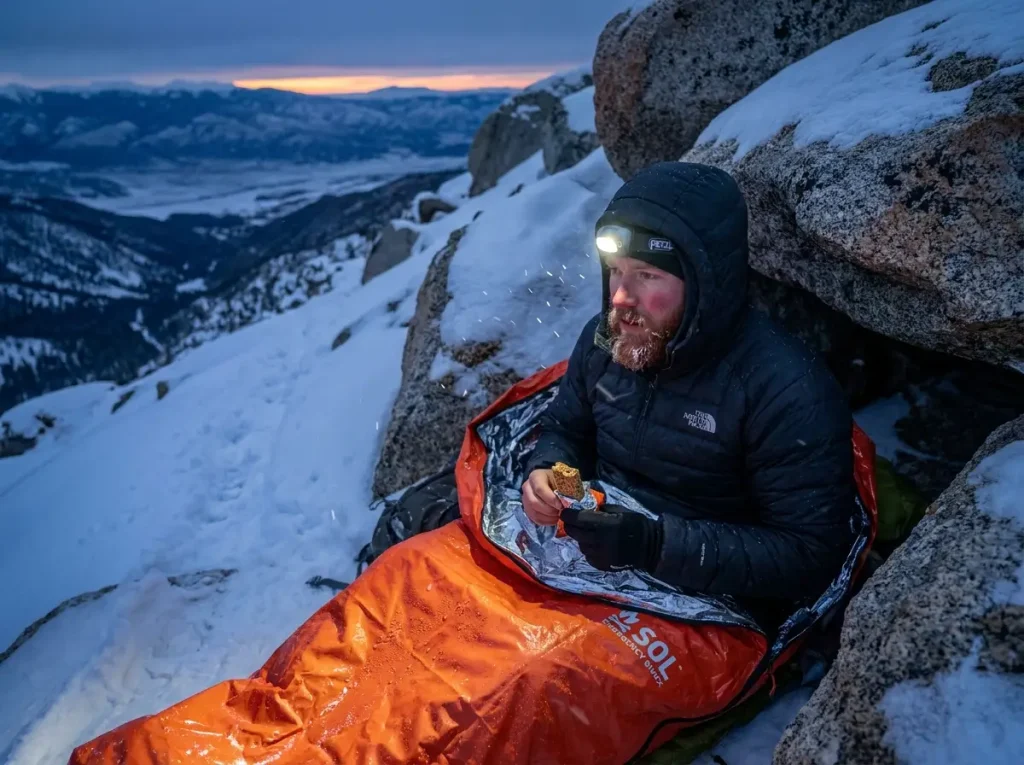 Emergency bivy sack deployed beside a snowy windbreak shelter