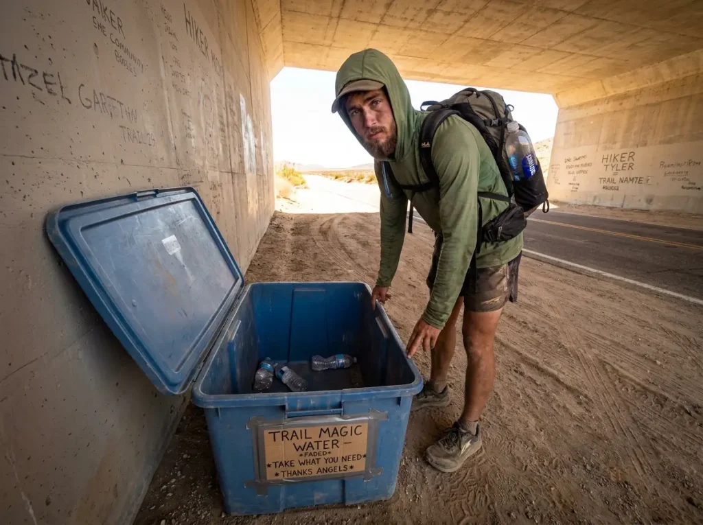 Empty trail angel water cache with scattered bottles at a desert road crossing