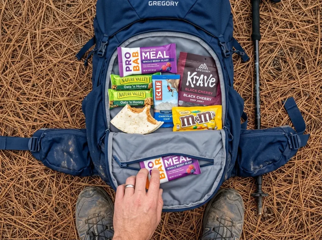 Energy bars and jerky packets spread on a backpack hip belt during a rest stop