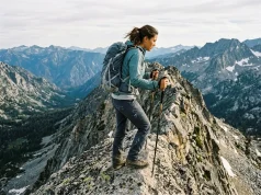 5 Ridge Hiking Mistakes That Make Heights Worse Hiker pausing on narrow exposed mountain ridge with trekking poles
