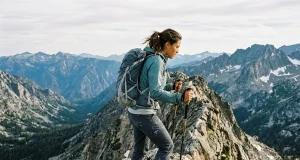 5 Ridge Hiking Mistakes That Make Heights Worse Hiker pausing on narrow exposed mountain ridge with trekking poles
