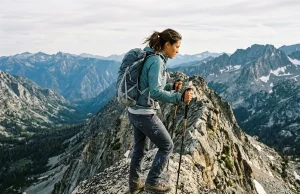 5 Ridge Hiking Mistakes That Make Heights Worse Hiker pausing on narrow exposed mountain ridge with trekking poles