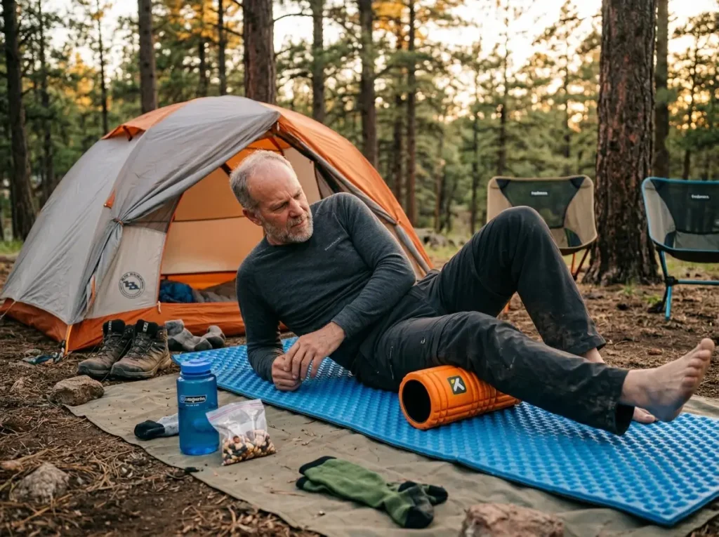 Older hiker foam rolling their IT band at a campsite after a long day on the trail
