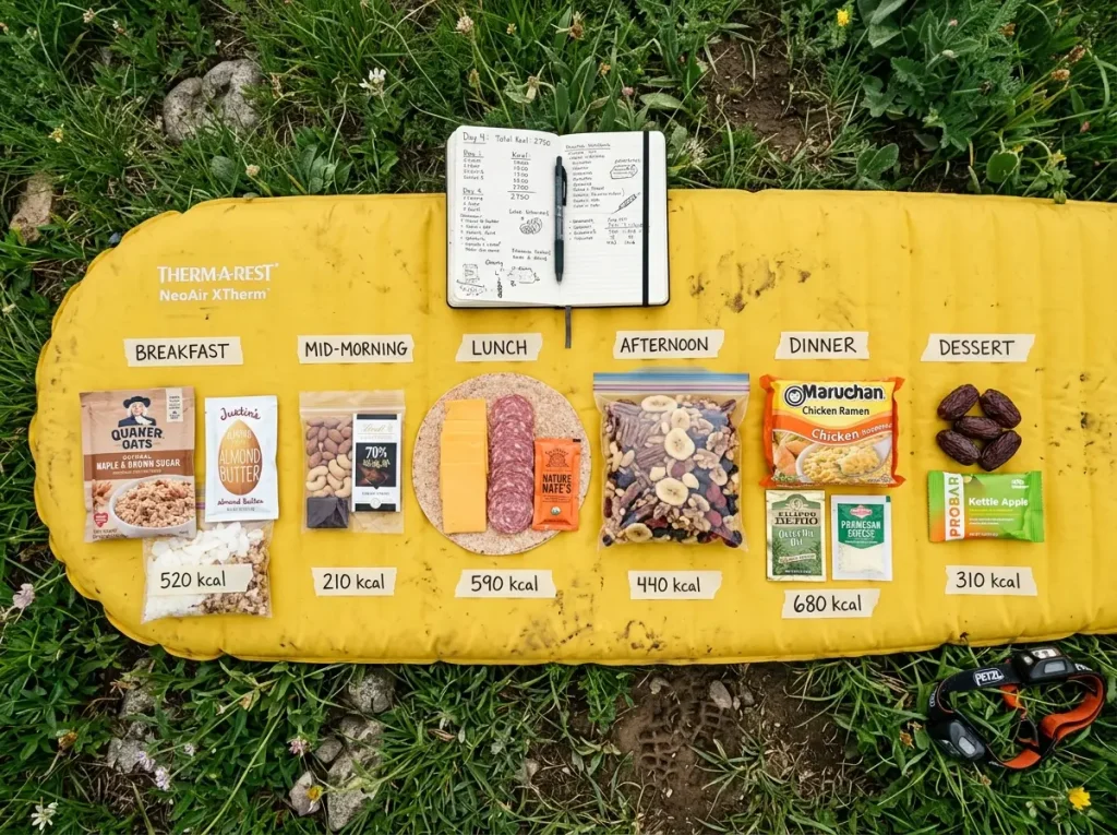 Full day of calorie dense trail food laid out in order on a sleeping pad