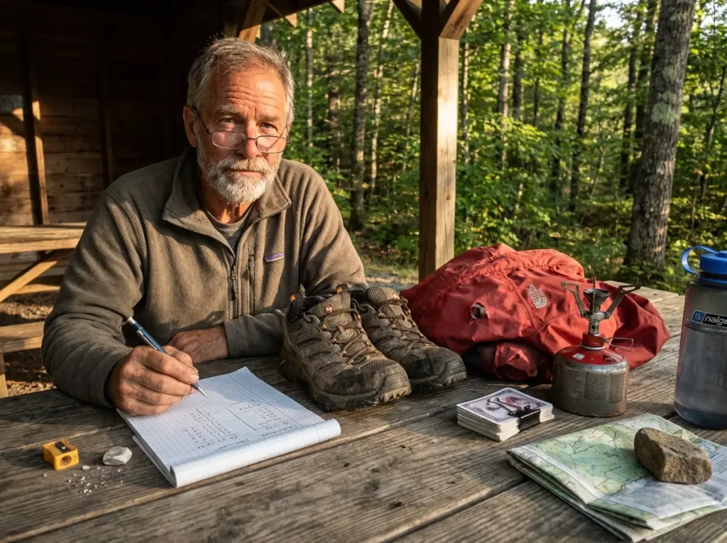 Hiker calculating gear costs on notepad beside worn hiking equipment