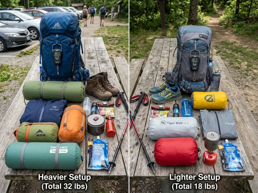 Side-by-side comparison of heavy and ultralight backpacking setups on a picnic table for older hikers