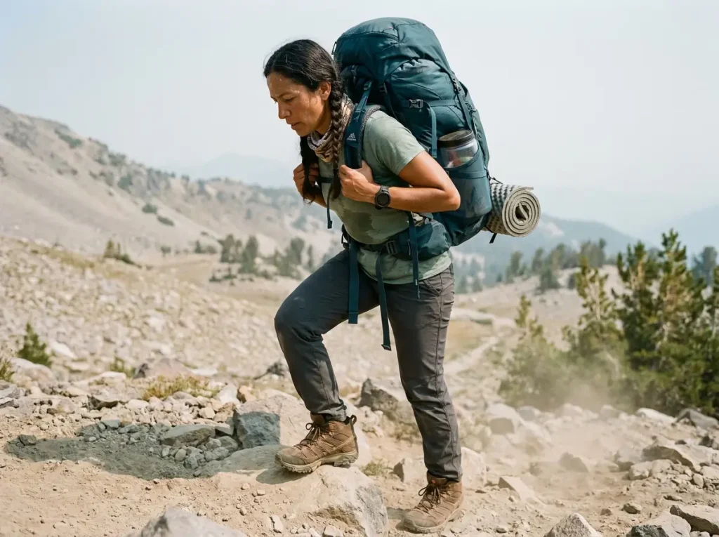 Backpacker with heavy pack wearing mid cut boots on a steep mountain switchback