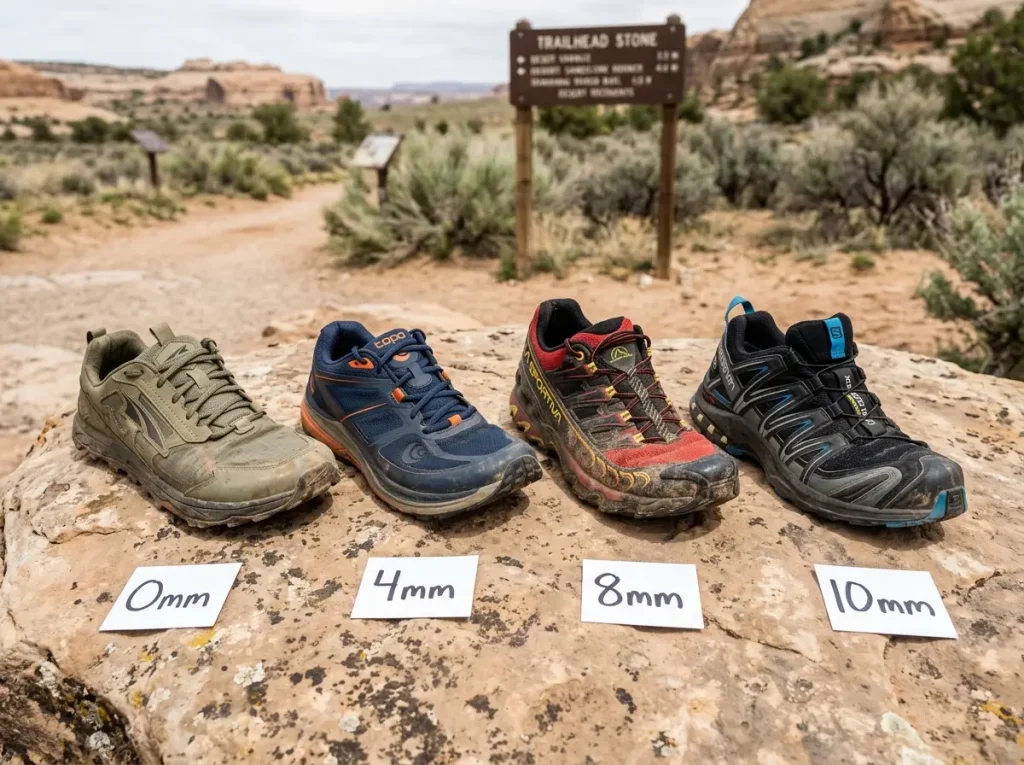 Four hiking shoes arranged by heel drop from zero to high drop on a rock