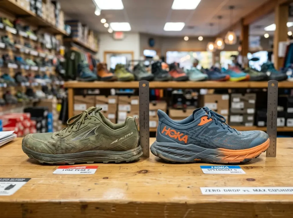Cross-section view of two hiking shoes showing different heel drop heights