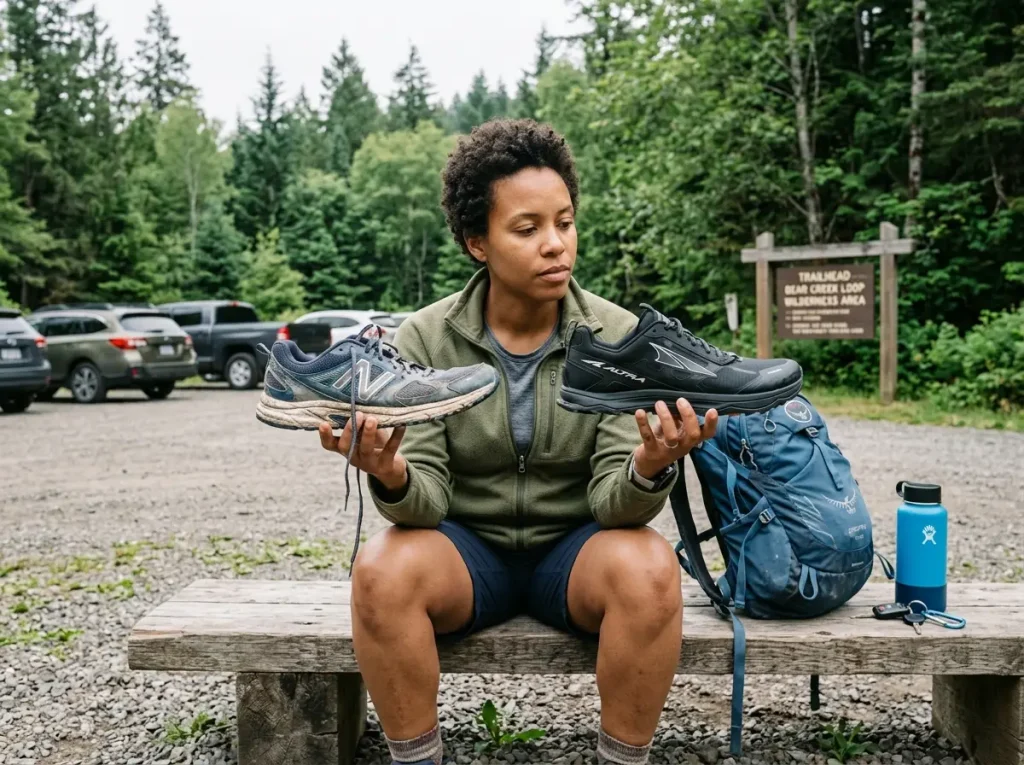 Two pairs of hiking shoes side by side showing gradual drop transition