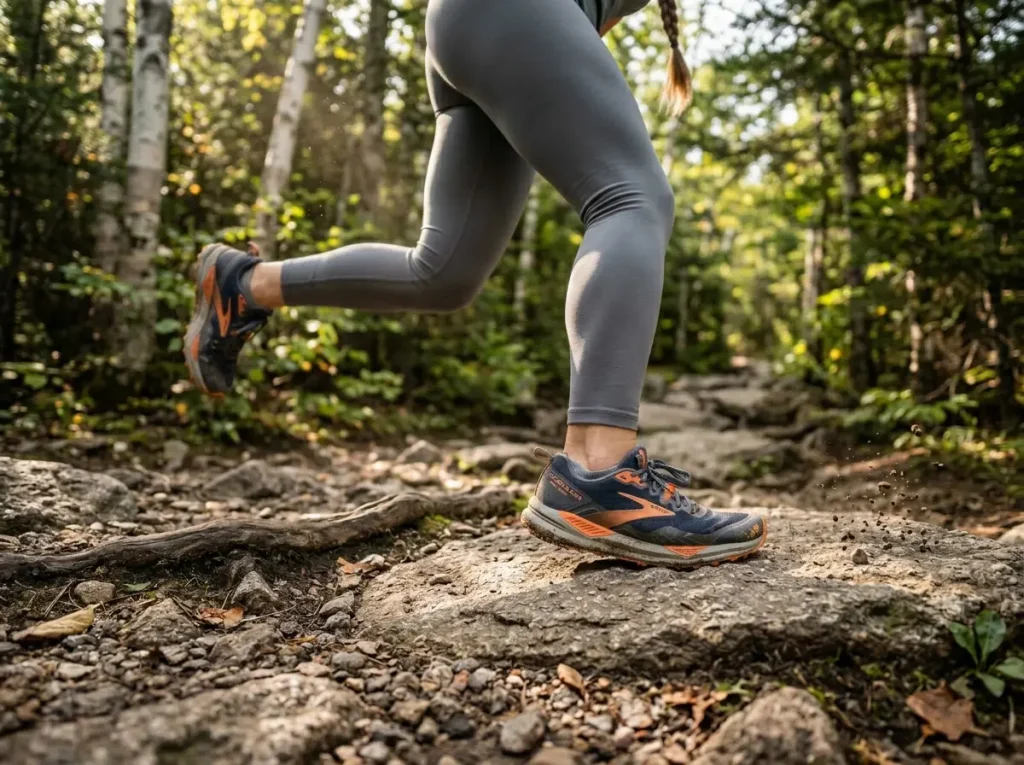 Hiker mid-stride on rocky trail showing foot strike position with trail runner