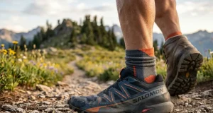 What Heel to Toe Drop Means for Your Knees Side view of hiking shoe midsole showing heel-to-toe drop measurement on trail