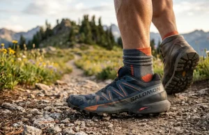 What Heel to Toe Drop Means for Your Knees Side view of hiking shoe midsole showing heel-to-toe drop measurement on trail