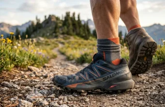 What Heel to Toe Drop Means for Your Knees Side view of hiking shoe midsole showing heel-to-toe drop measurement on trail