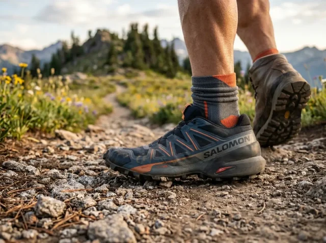 heel-to-toe-drop-hiking-shoe-side-view Side view of hiking shoe midsole showing heel-to-toe drop measurement on trail